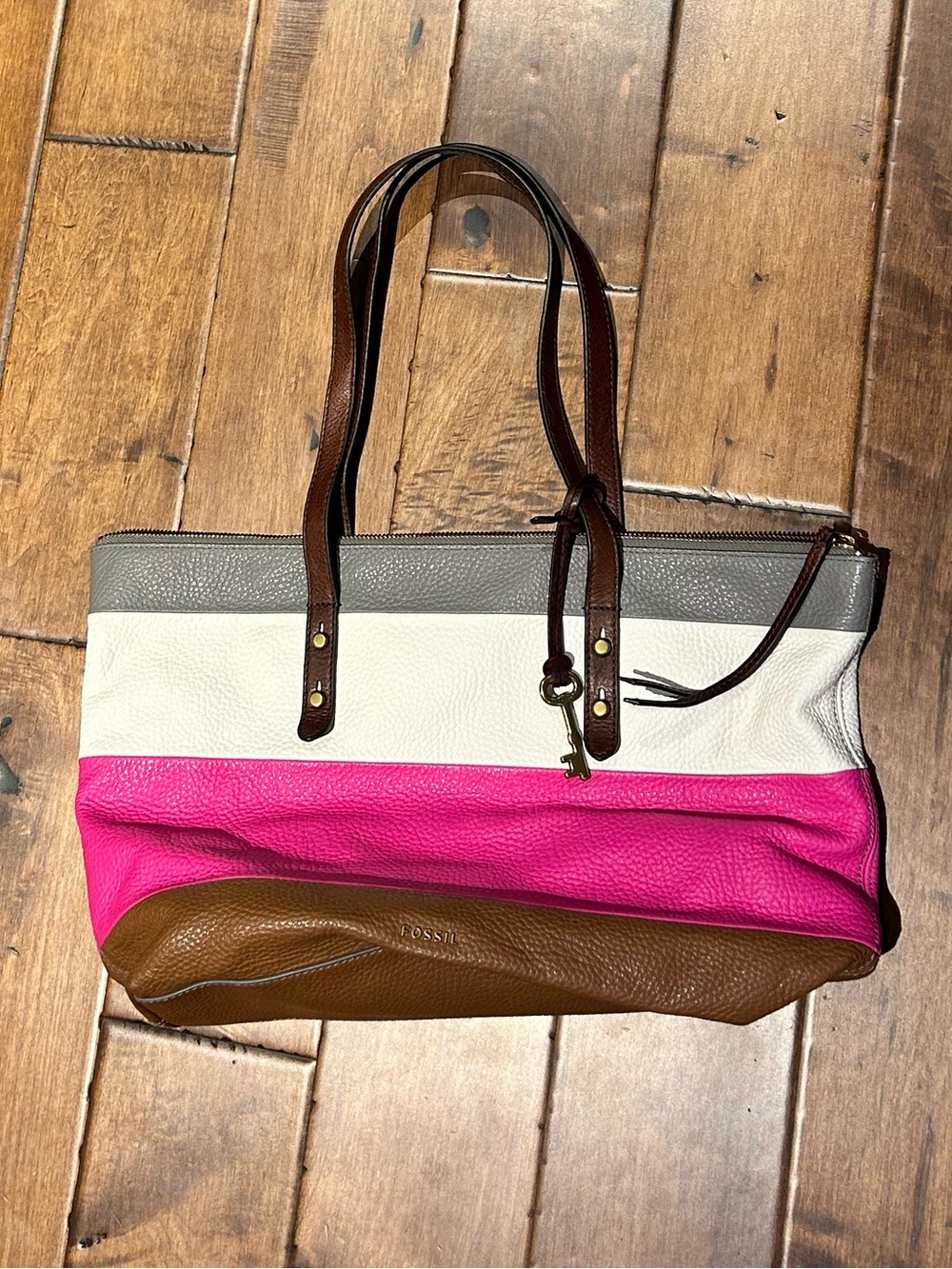 Fossil Jenna Tote Bag Pebbled Leather Pink Cream Gray Brown Shoulder Bag Y2K
